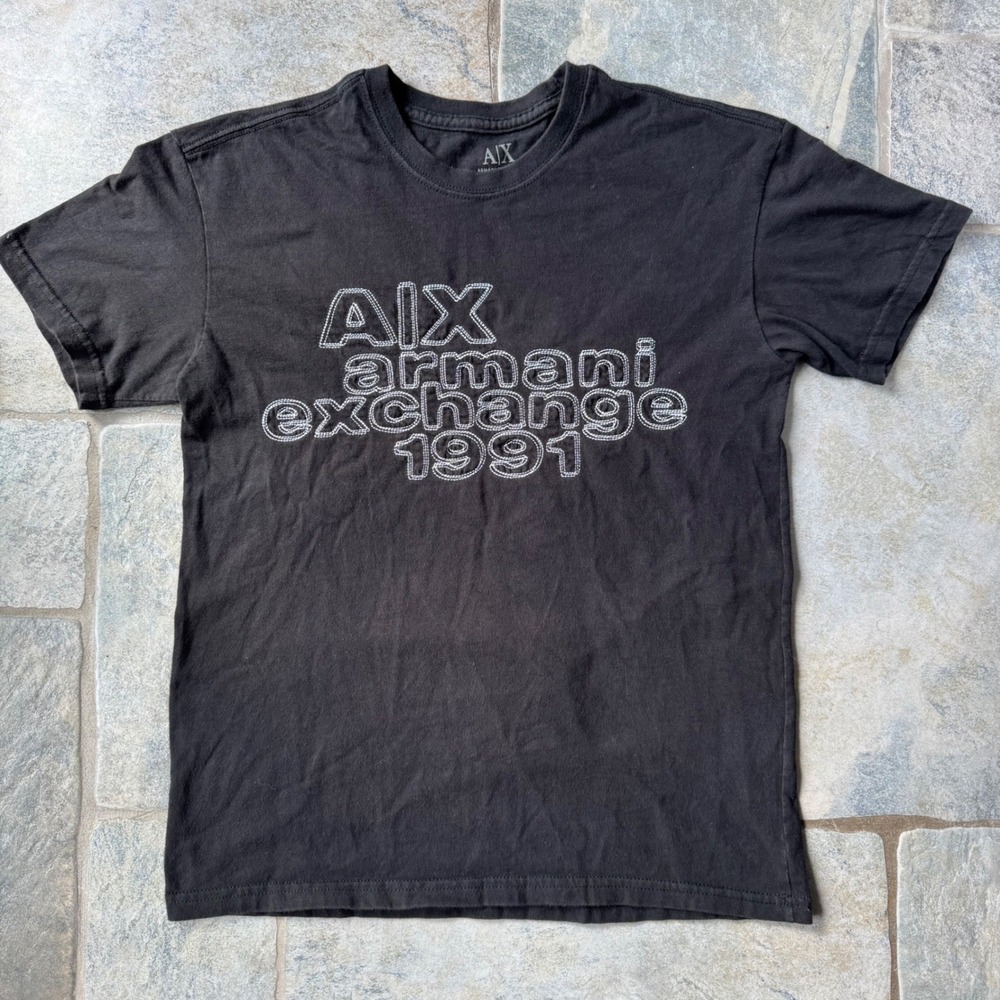 Y2K Armani Exchange 1991 Embroidered Logo Tee Size Small Black
